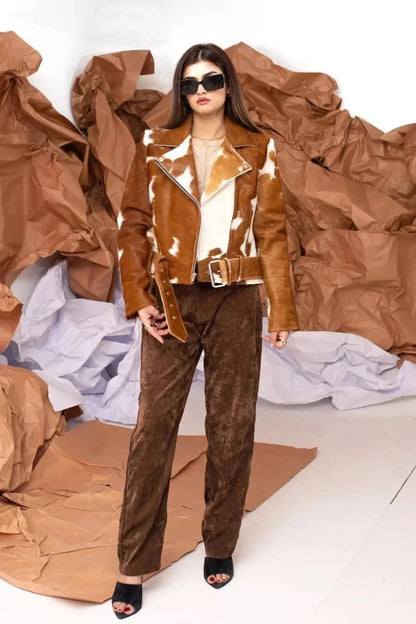 Cowhide Jacket Women Brown White