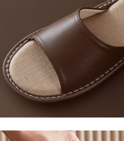 Leather Slippers for Women Linen Footbed Indoor Non Slip Summer Slides