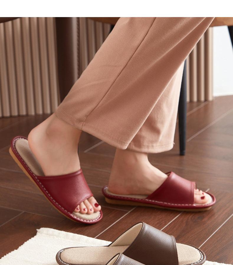Leather Slippers for Women Linen Footbed Indoor Non Slip Summer Slides