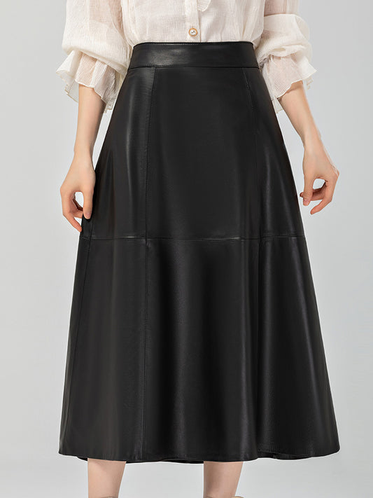 High Rise Black Genuine Leather Midi Skirt