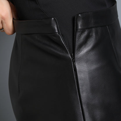 High Waisted Women's Black Sheepskin Leather Midi Skirt with Slit