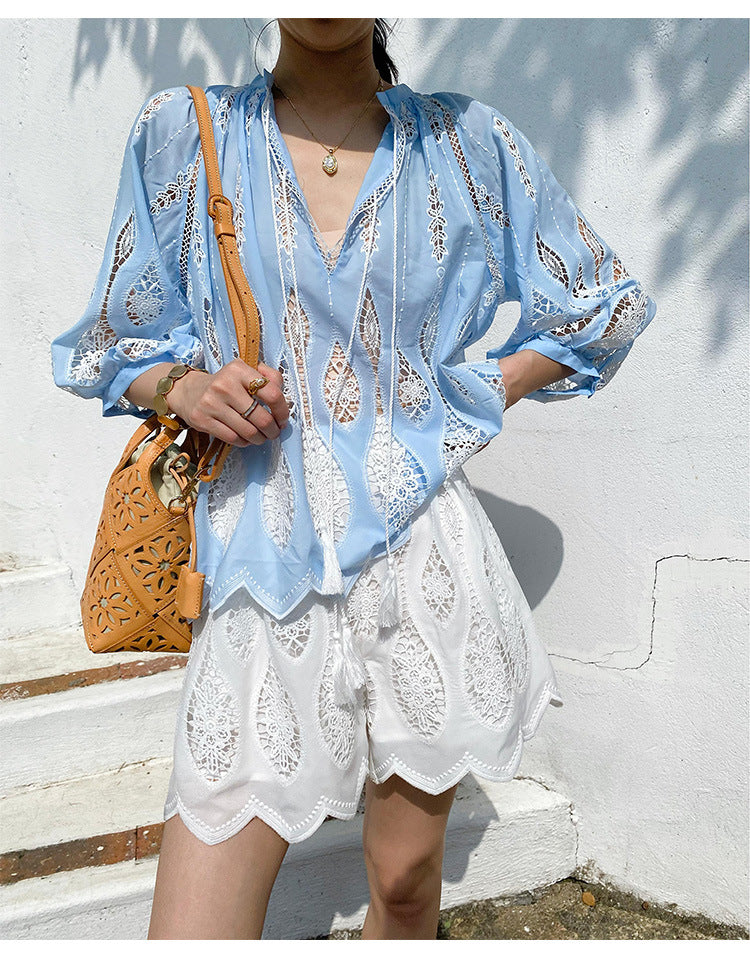 Summer Tops Women Blue Lace Beach Blouse