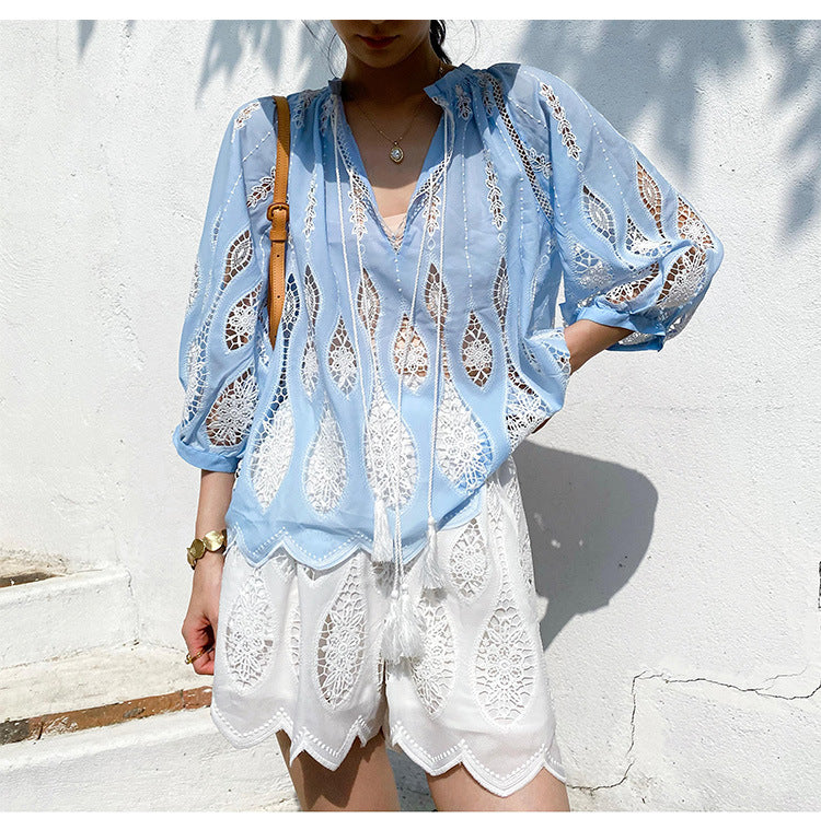 Summer Tops Women Blue Lace Beach Blouse