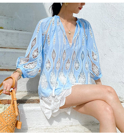 Summer Tops Women Blue Lace Beach Blouse