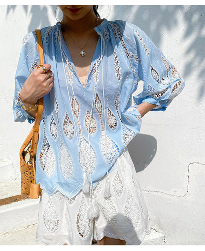 Summer Tops Women Blue Lace Beach Blouse