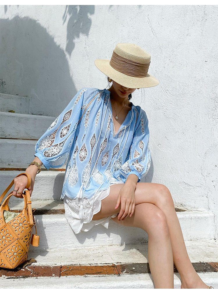 Summer Tops Women Blue Lace Beach Blouse
