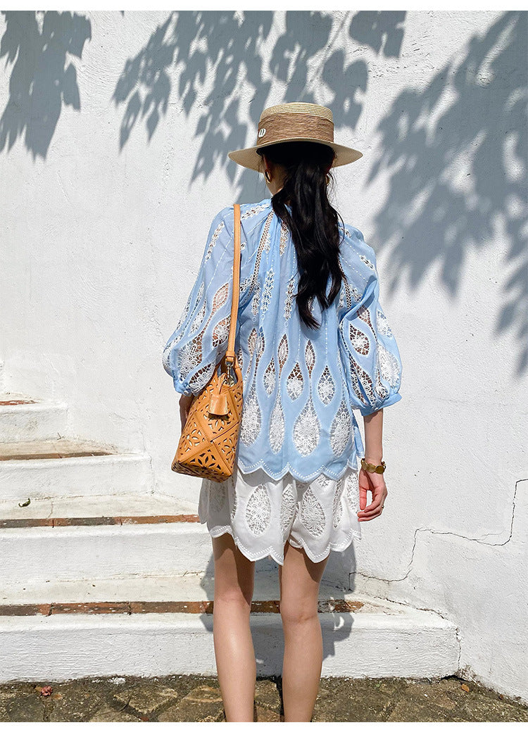 Summer Tops Women Blue Lace Beach Blouse