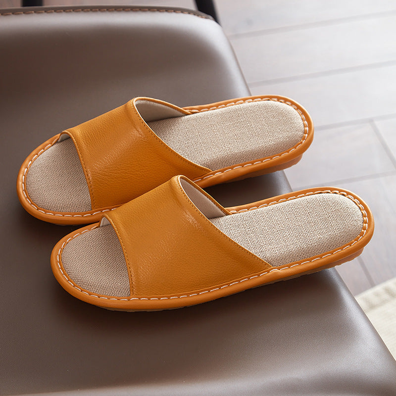 Leather Slippers for Women Linen Footbed Indoor Non Slip Summer Slides