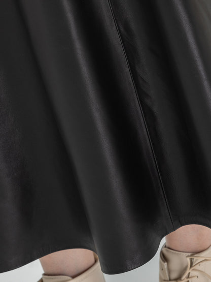 High Rise Black Genuine Leather Midi Skirt